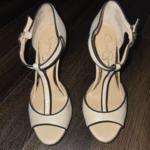 Jessica Simpson Beige and Black T-Strap Heels